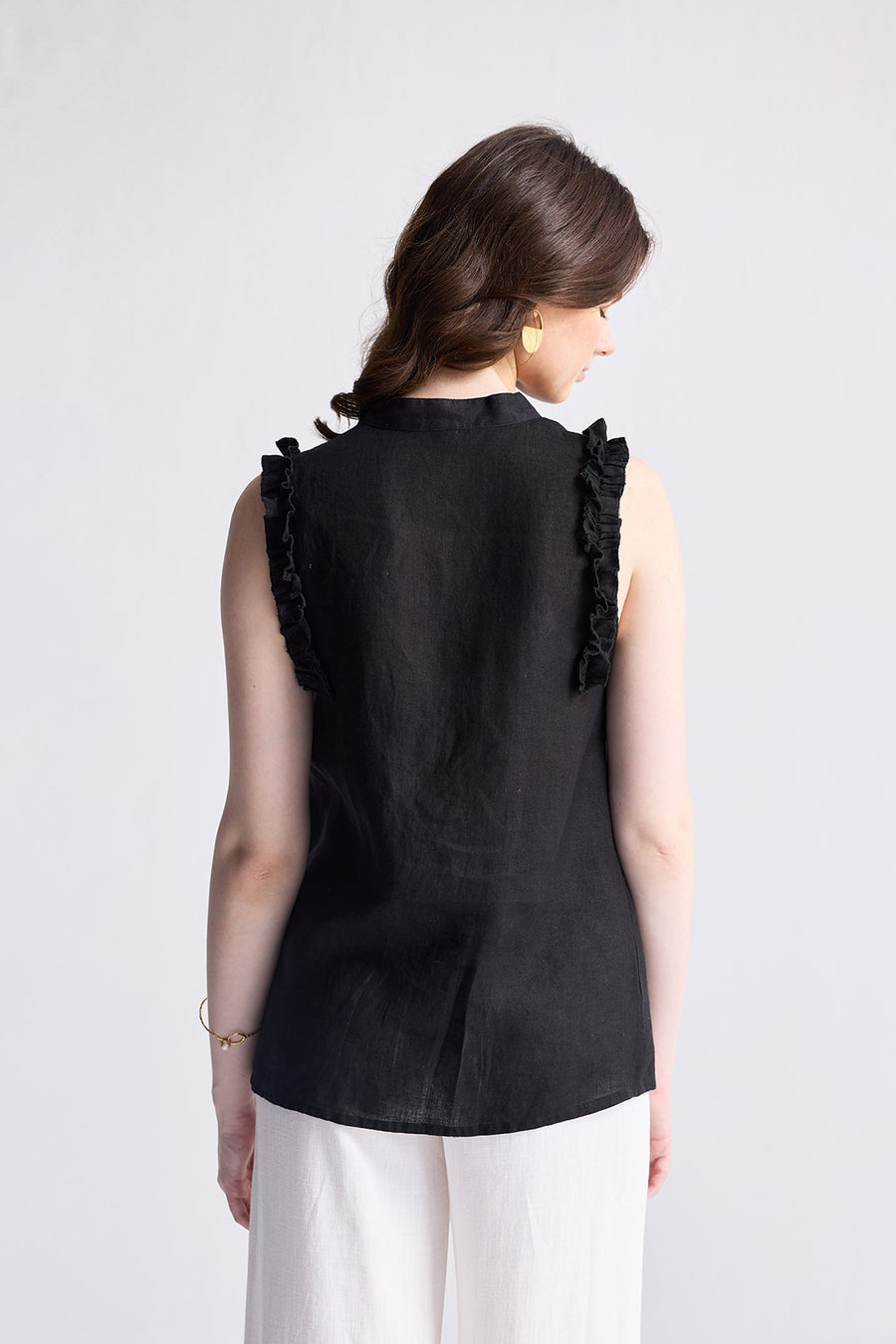 Sleeveless Hemp Top with Ruffles -COL