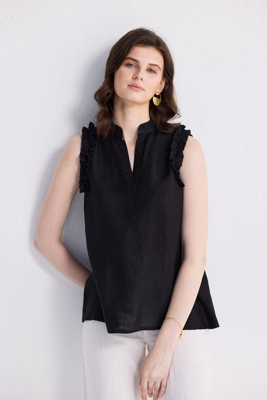 Sleeveless Hemp Top with Ruffles -COL