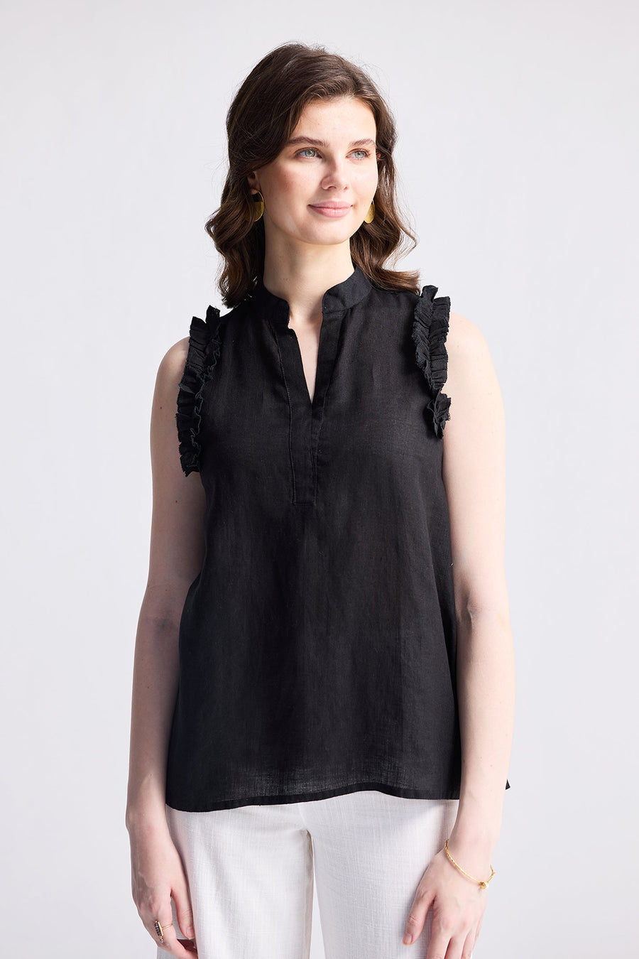 Sleeveless Hemp Top with Ruffles -COL