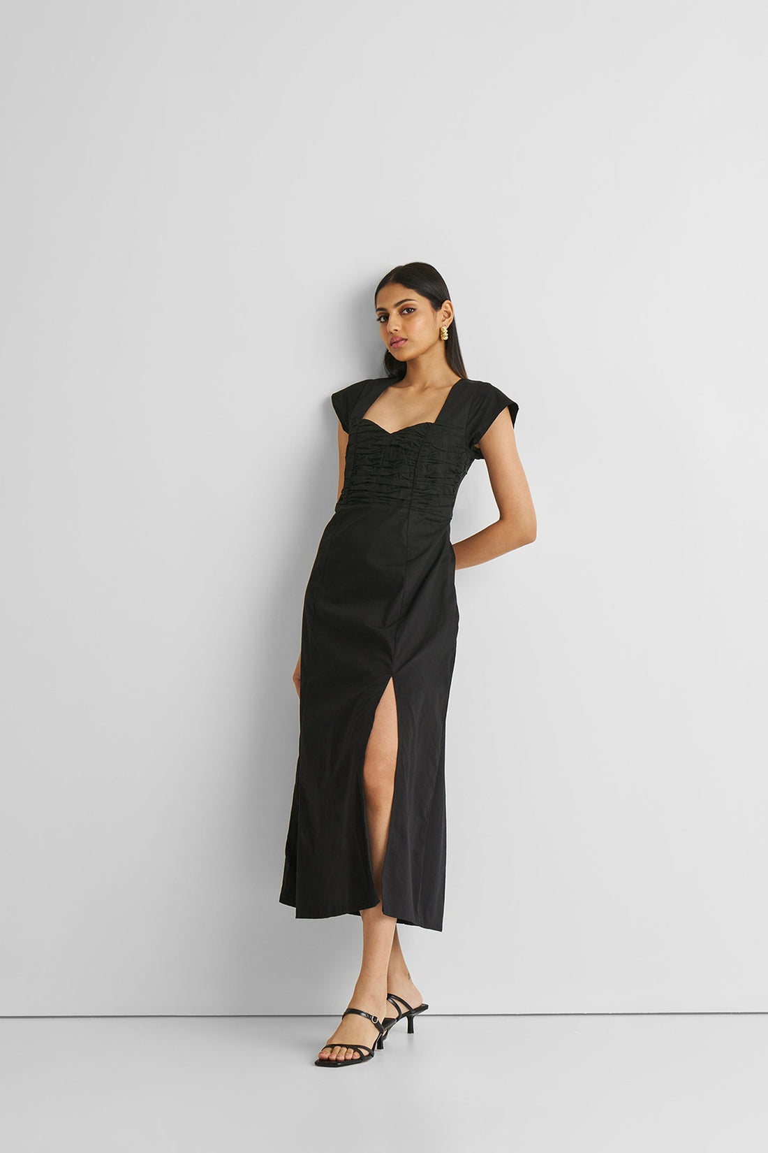 Ruched Dress with Front Slit in Black -COL - Stella Carakasi