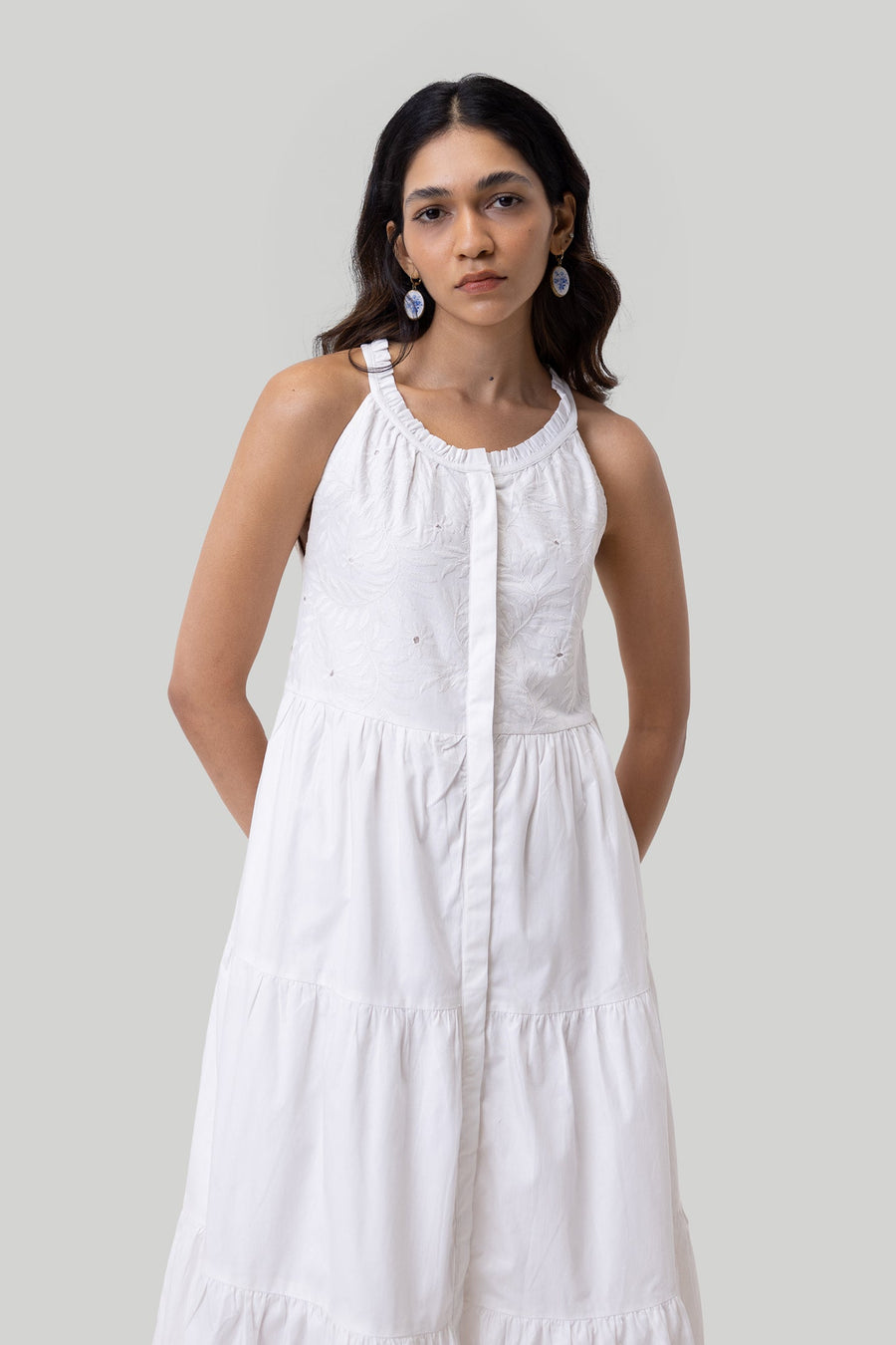 Sleeveless embroidered tiered maxi dress -COL