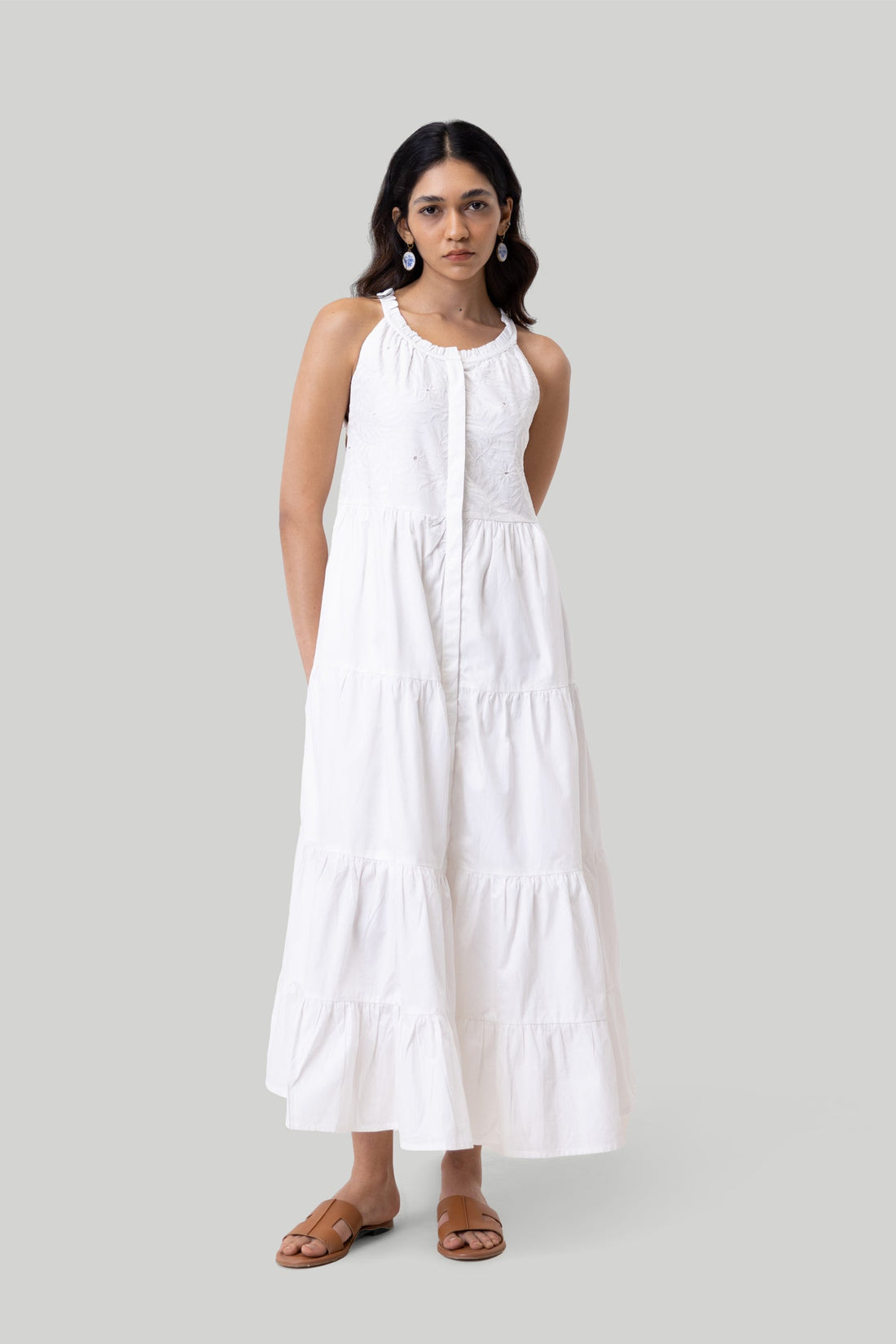 Sleeveless embroidered tiered maxi dress -COL