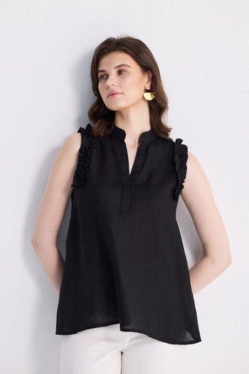 Sleeveless Hemp Top with Ruffles -COL