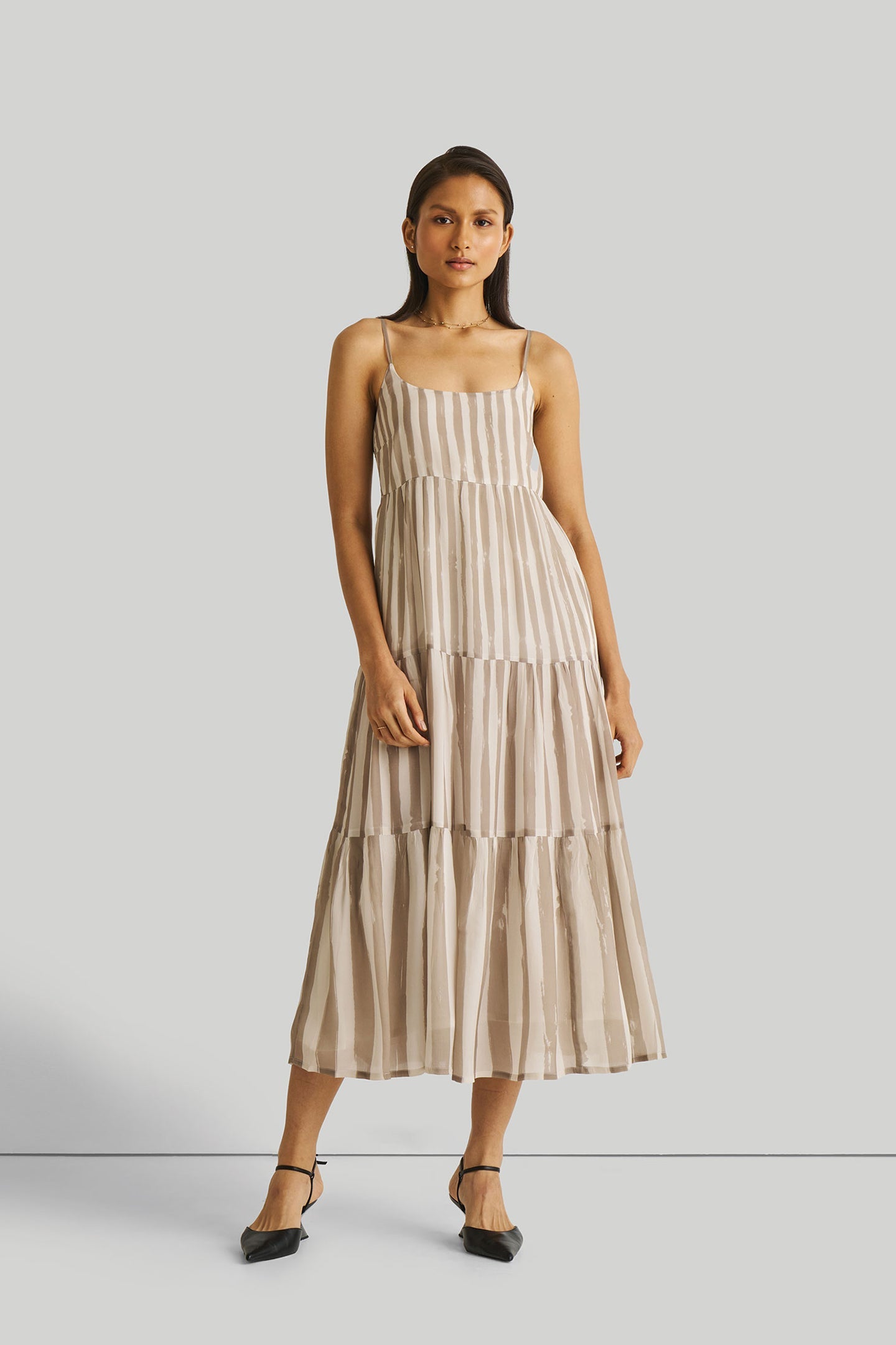 strappy tiered maxi dress Strappy Tiered Maxi Dress in Beige Stripes Striped down Beige / M