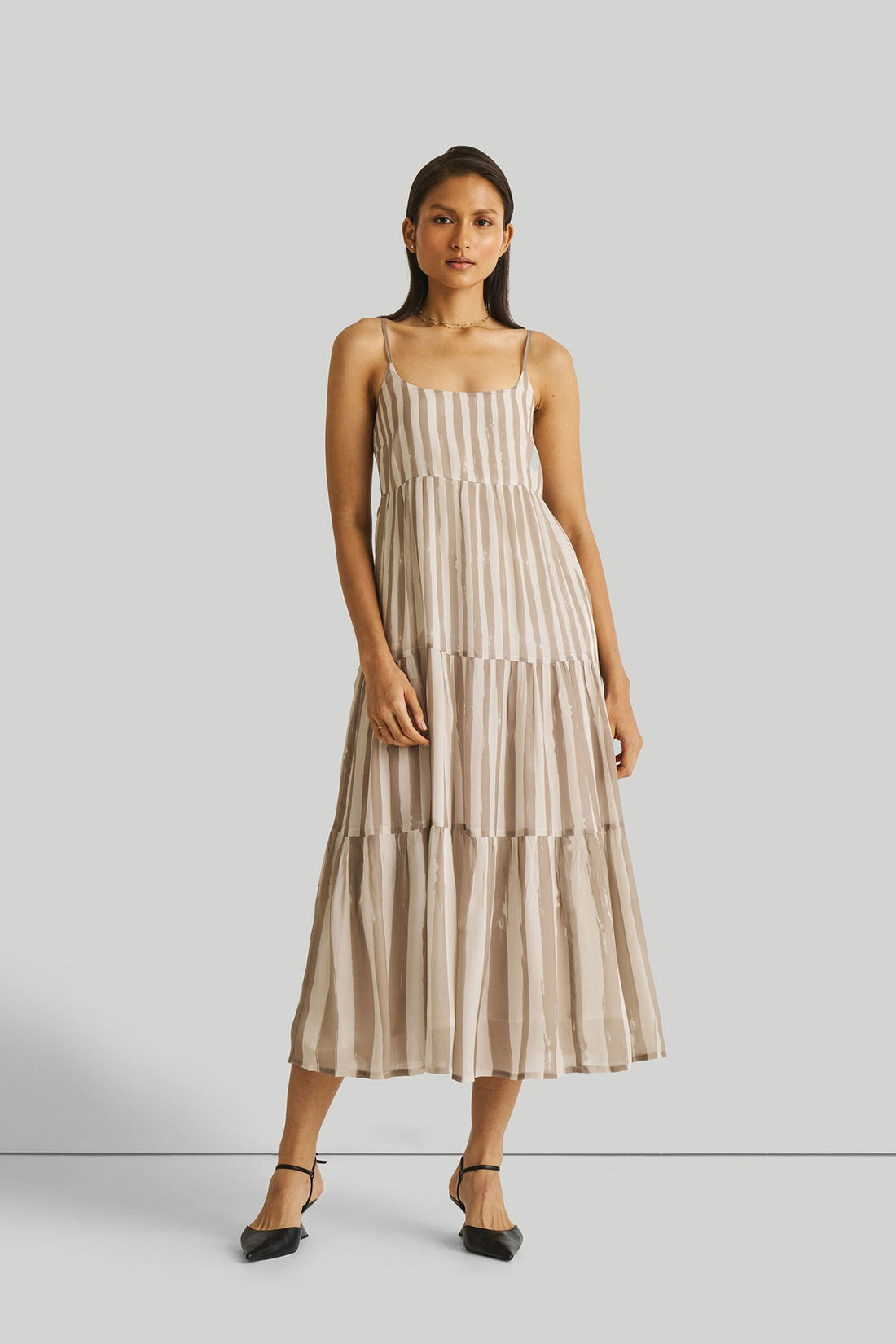 beige strappy dress Clarisse Lace Detail Strappy Midi Dress
