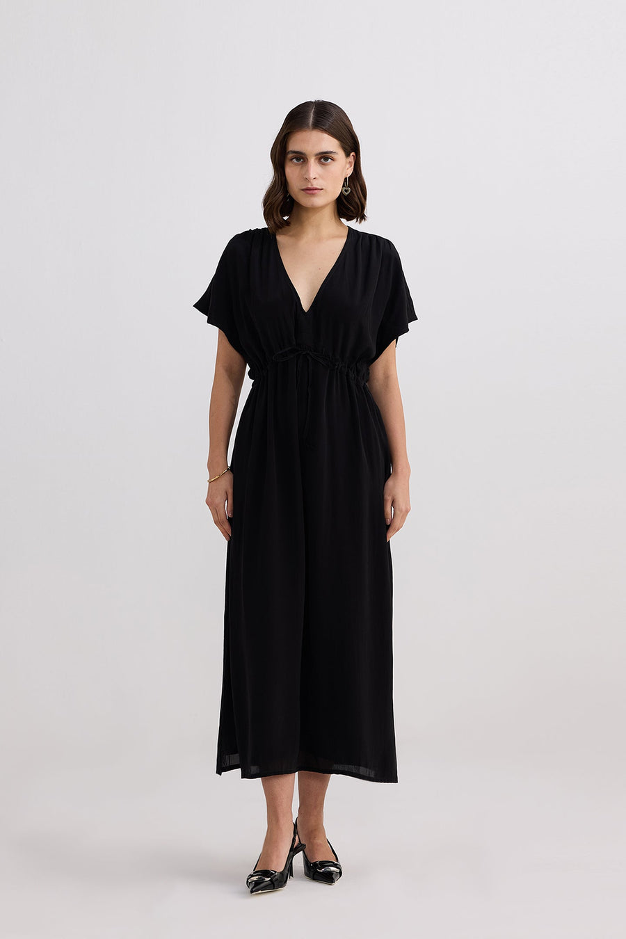 V-neck Gathered Maxi Dress -COL