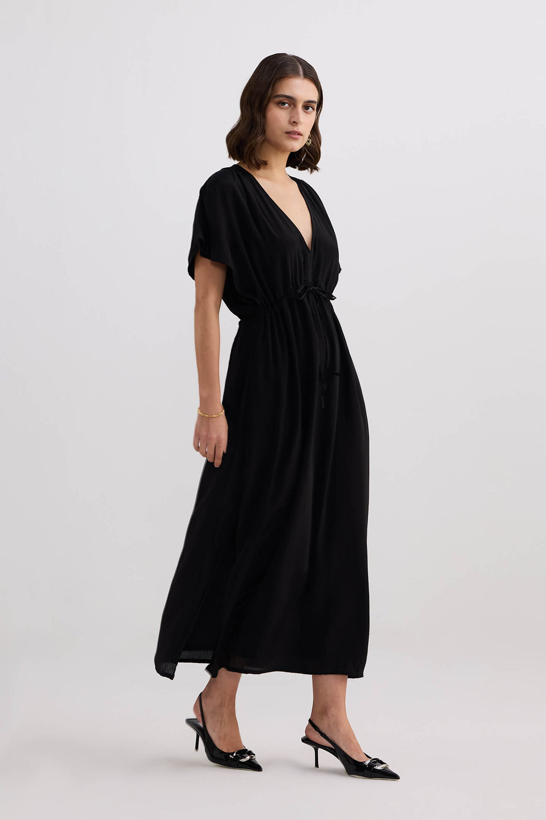 V-neck Gathered Maxi Dress -COL