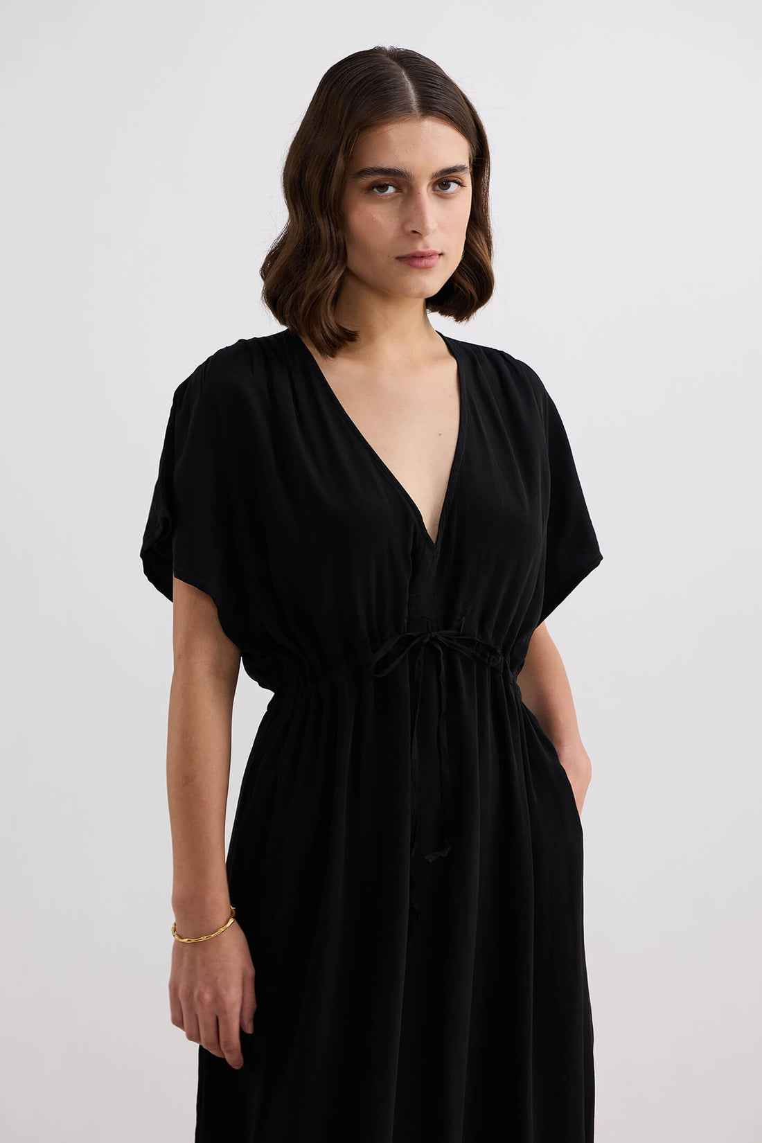 V-neck Gathered Maxi Dress -COL
