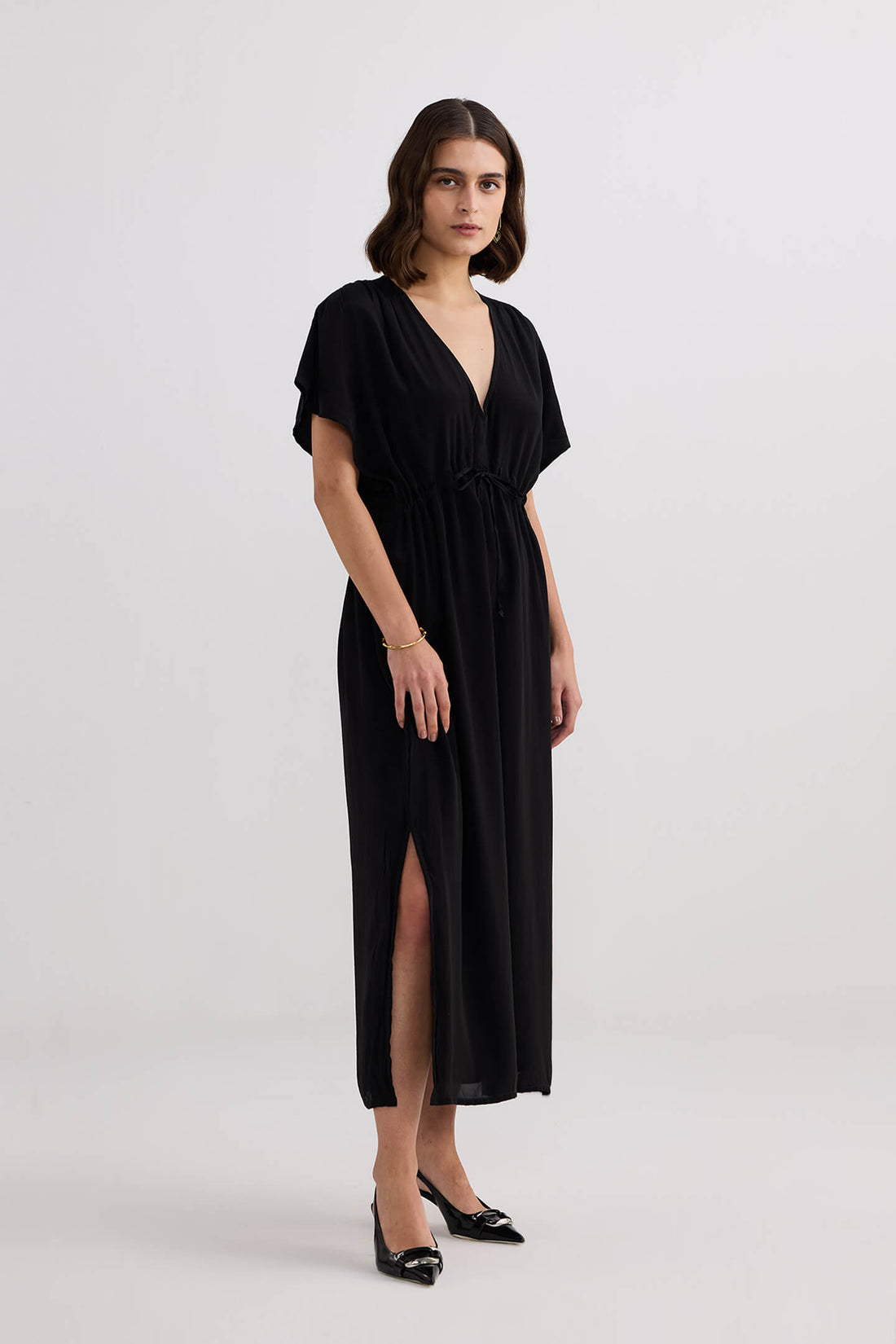 V-neck Gathered Maxi Dress -COL