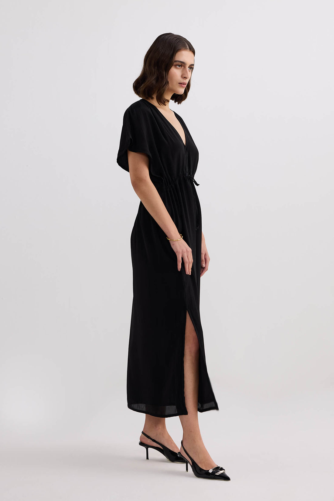 V-neck Gathered Maxi Dress -COL