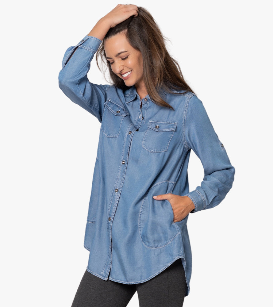   Essentials Women's Denim Oversize Two-Pocket Tunic Shirt  (Previously Goodthreads), Indigo, X-Small : Clothing, Shoes & Jewelry